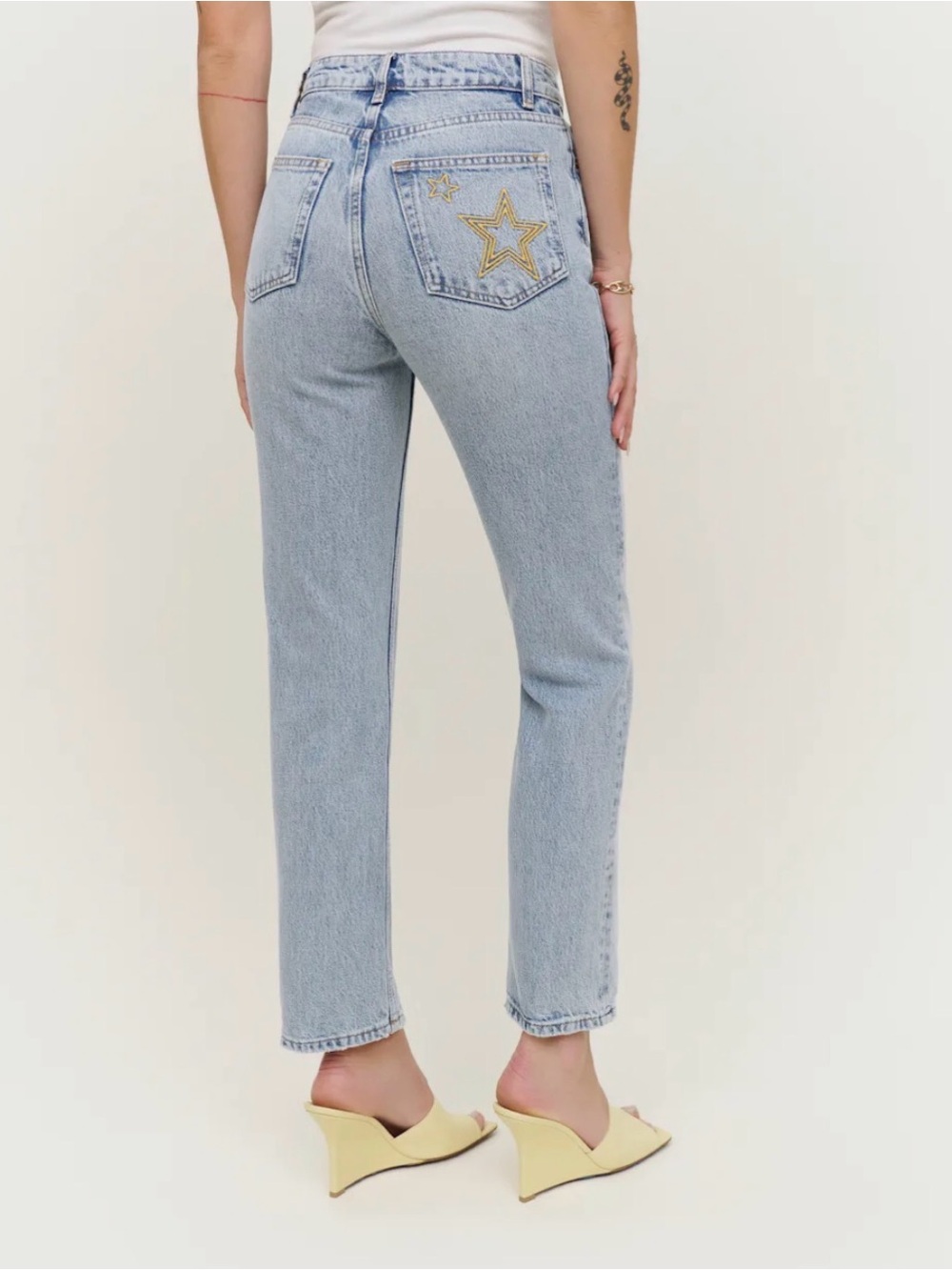 Reformation Cynthia High Rise Light Blue with Gold Star Embroidery Jeans Sz 27